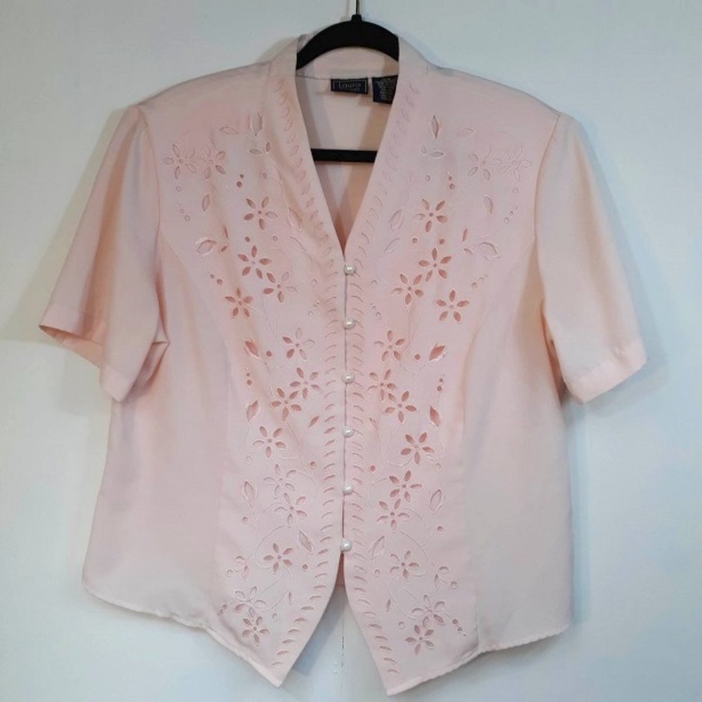 Laura Scott Blouse Women's 16W EUC Pink Top Embroidered Flowers Shirt